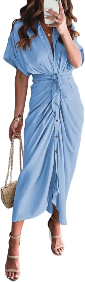 Linsery Womens Button Down Ruched Shirt Dresses Elegant Wrap Maxi Dress with Belt