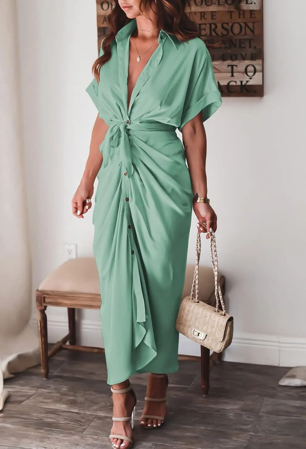 Linsery Womens Button Down Ruched Shirt Dresses Elegant Wrap Maxi Dress with Belt