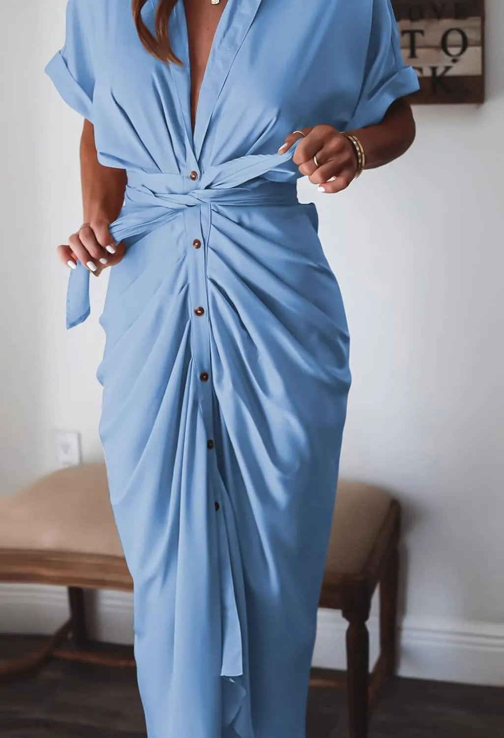 Linsery Womens Button Down Ruched Shirt Dresses Elegant Wrap Maxi Dress with Belt