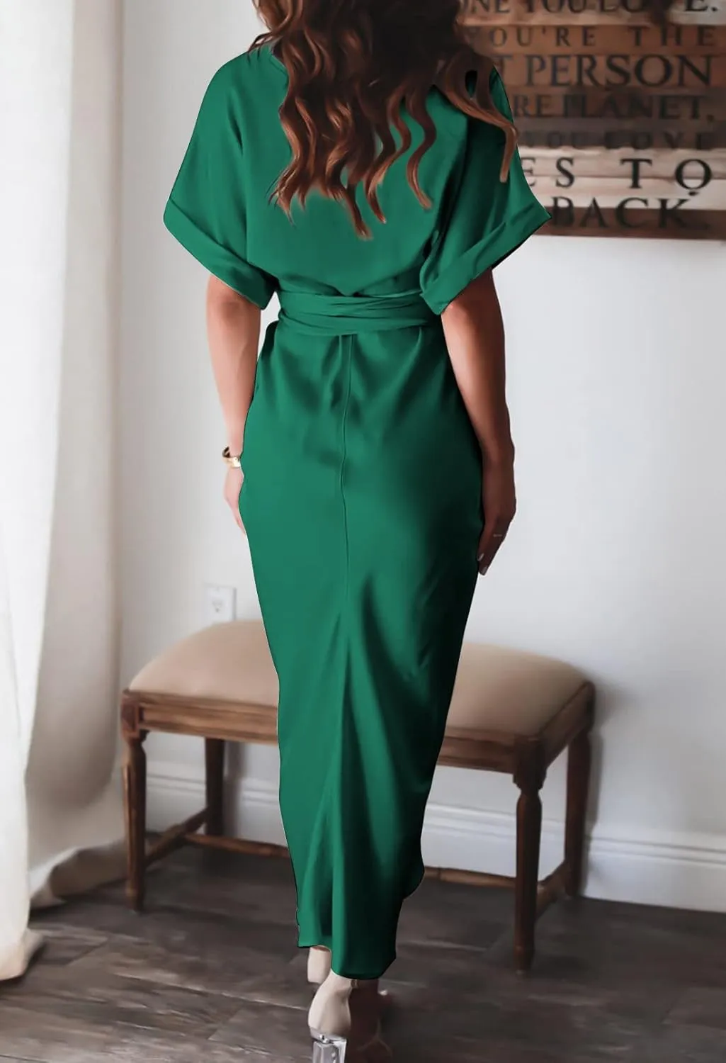 Linsery Womens Button Down Ruched Shirt Dresses Elegant Wrap Maxi Dress with Belt