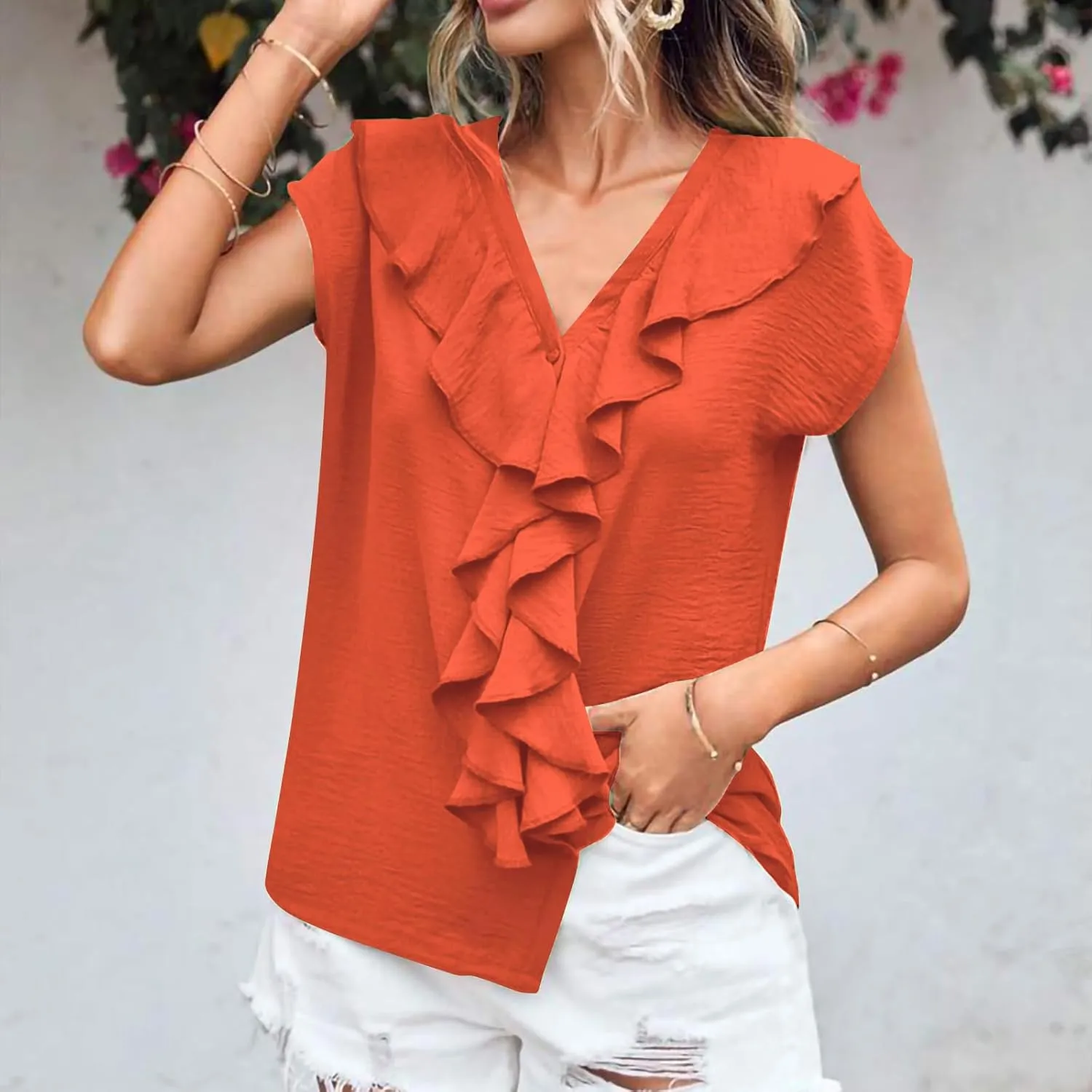 Lmdudan 2025 Summer V Neck Ruffle Tops Women Short Sleeve Work Shirt Dressy Casual Business Tees Loose Blouses Tunics
