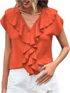 Lmdudan 2025 Summer V Neck Ruffle Tops Women Short Sleeve Work Shirt Dressy Casual Business Tees Loose Blouses Tunics
