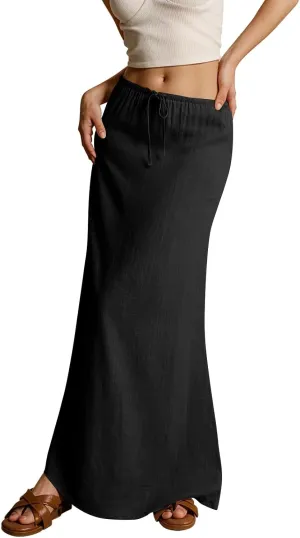 Long Skirts for Women Comfy Drawstring Low Rise Womens Linen Maxi Skirt with Slit Summer Flowy Skirts Plus Size