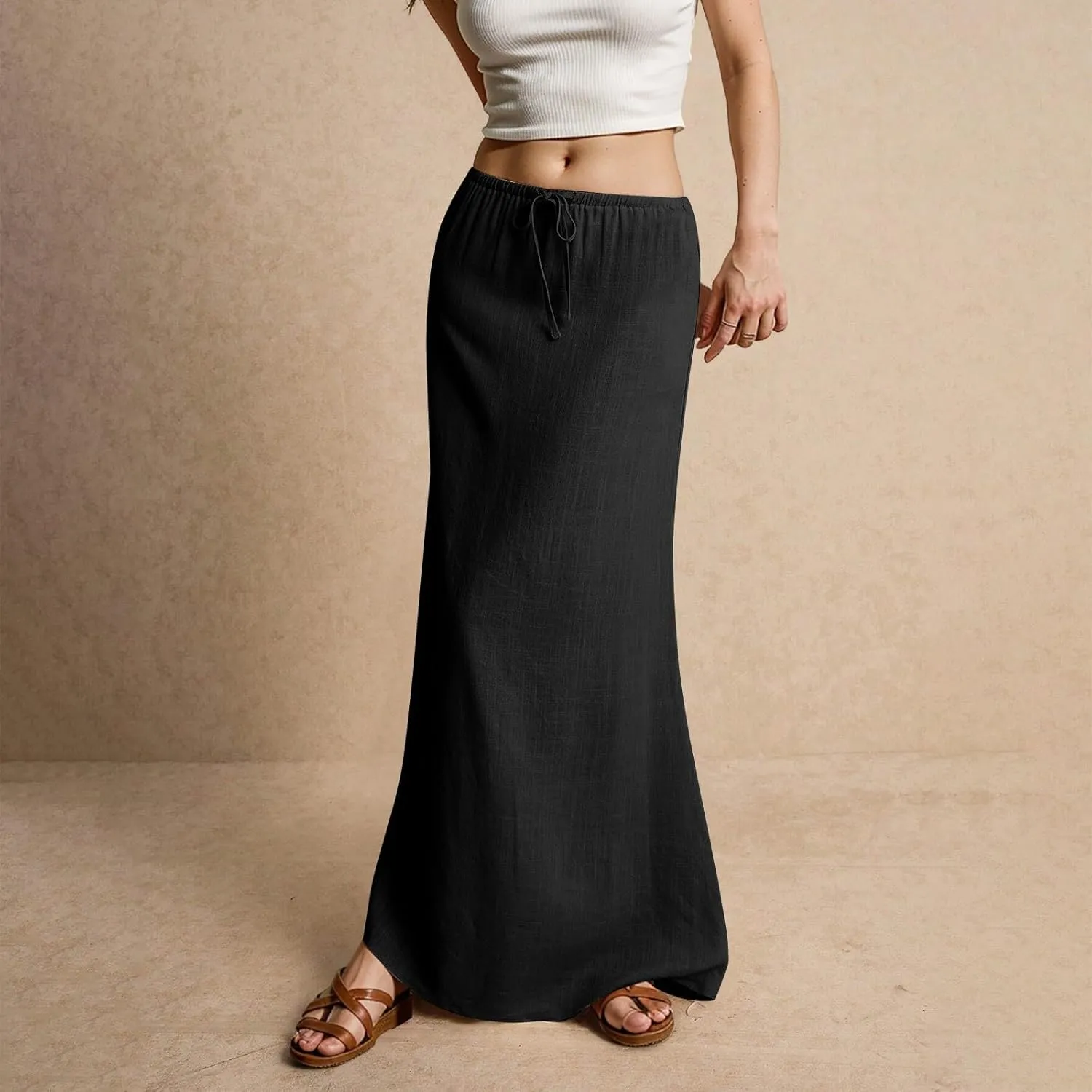 Long Skirts for Women Comfy Drawstring Low Rise Womens Linen Maxi Skirt with Slit Summer Flowy Skirts Plus Size