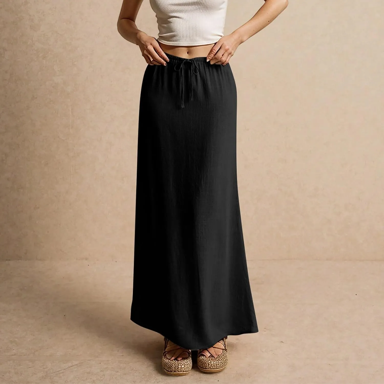Long Skirts for Women Comfy Drawstring Low Rise Womens Linen Maxi Skirt with Slit Summer Flowy Skirts Plus Size