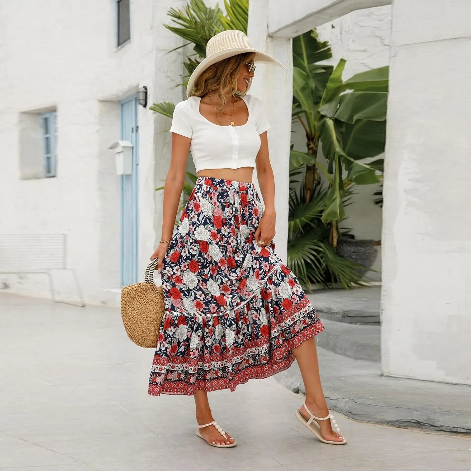 Long Skirts for Women,Beach Vacation Flowy Maxi Skirts 2025 Trendy Elastic Waist Boho Skirt Spring Summer Easter