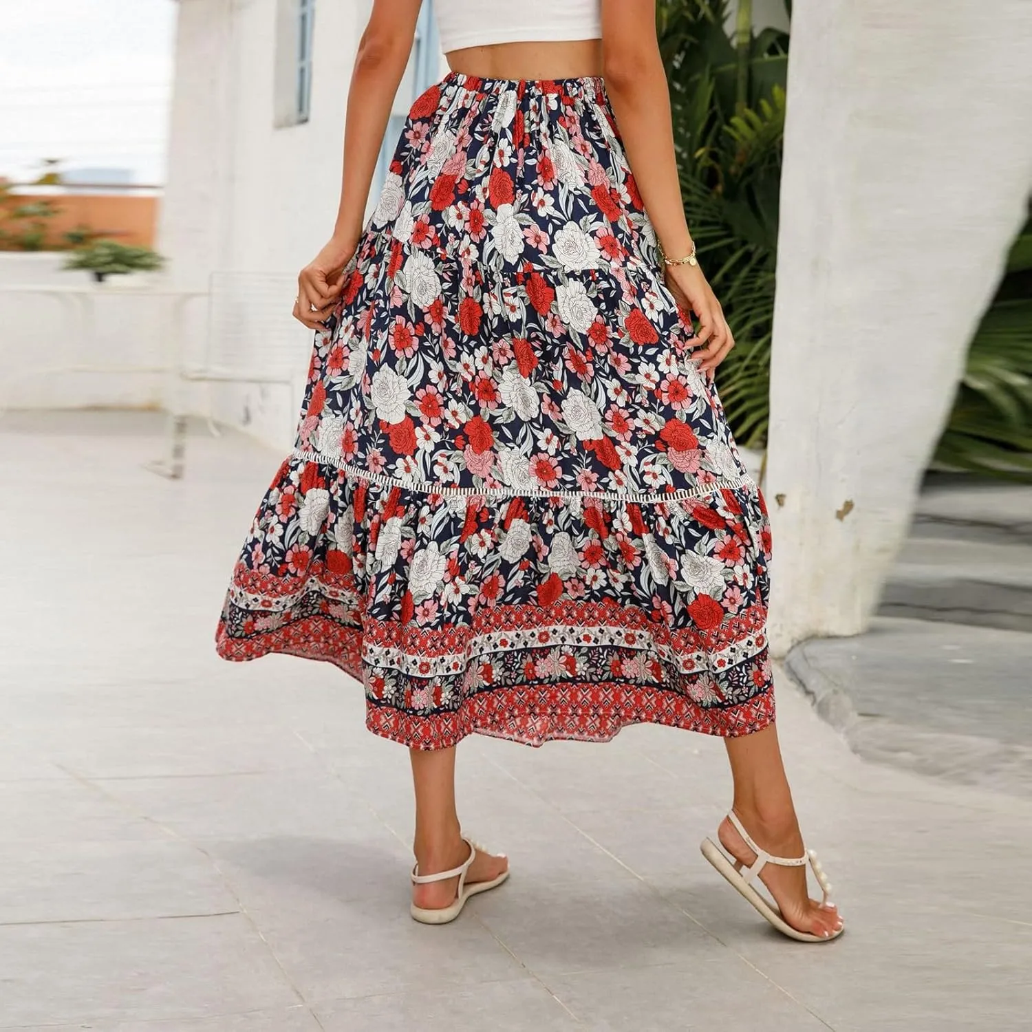 Long Skirts for Women,Beach Vacation Flowy Maxi Skirts 2025 Trendy Elastic Waist Boho Skirt Spring Summer Easter