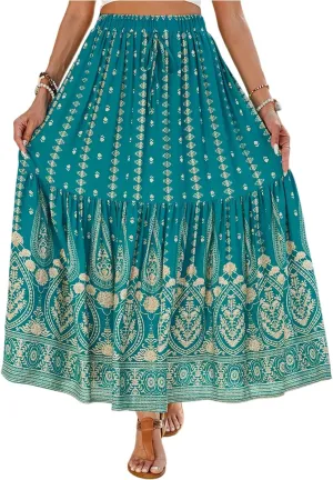 Long Skirts for Women,Beach Vacation Flowy Maxi Skirts 2025 Trendy Elastic Waist Boho Skirt Spring Summer Easter