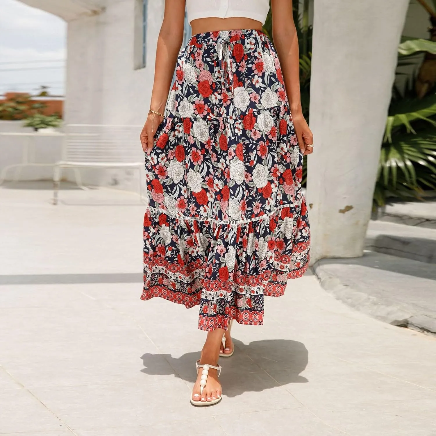 Long Skirts for Women,Beach Vacation Flowy Maxi Skirts 2025 Trendy Elastic Waist Boho Skirt Spring Summer Easter