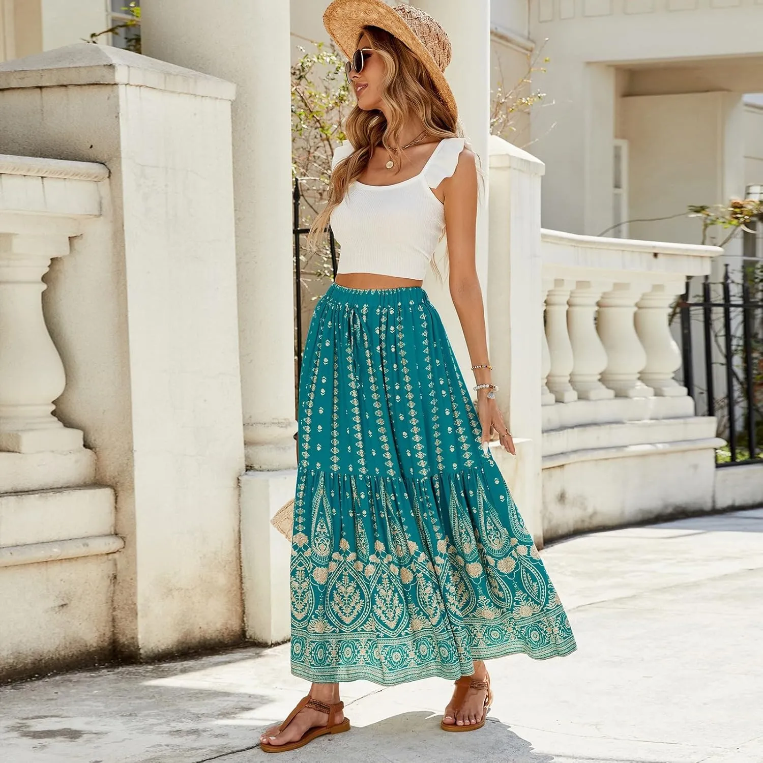 Long Skirts for Women,Beach Vacation Flowy Maxi Skirts 2025 Trendy Elastic Waist Boho Skirt Spring Summer Easter