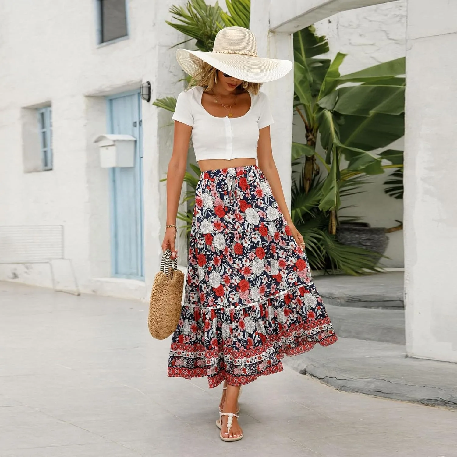Long Skirts for Women,Beach Vacation Flowy Maxi Skirts 2025 Trendy Elastic Waist Boho Skirt Spring Summer Easter