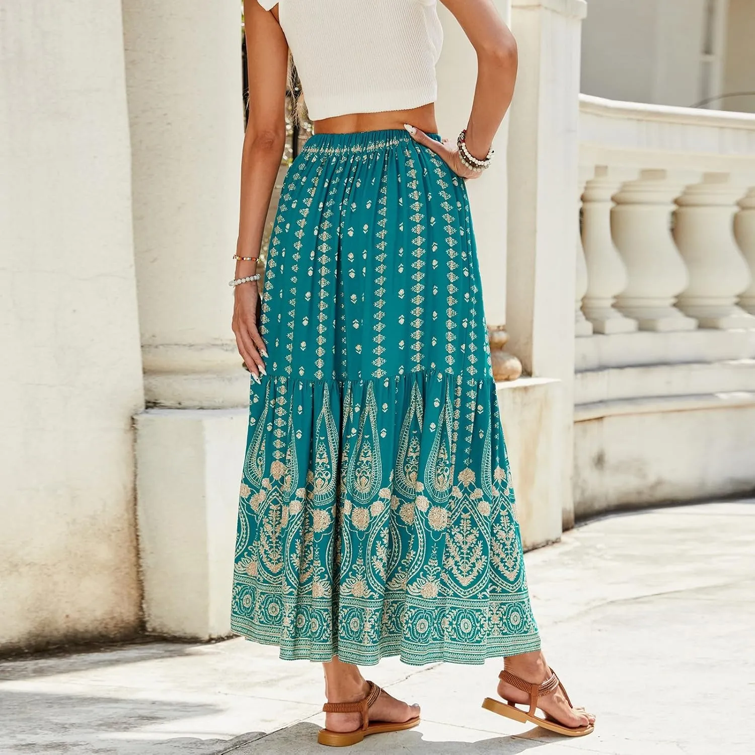 Long Skirts for Women,Beach Vacation Flowy Maxi Skirts 2025 Trendy Elastic Waist Boho Skirt Spring Summer Easter