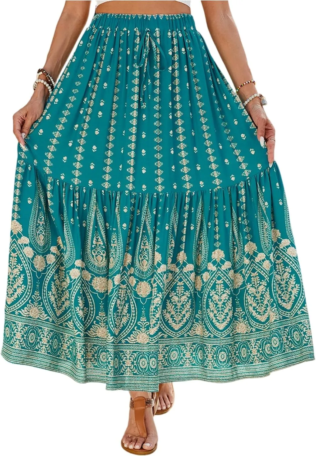 Long Skirts for Women,Beach Vacation Flowy Maxi Skirts 2025 Trendy Elastic Waist Boho Skirt Spring Summer Easter