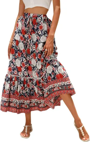 Long Skirts for Women,Beach Vacation Flowy Maxi Skirts 2025 Trendy Elastic Waist Boho Skirt Spring Summer Easter