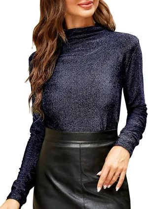 LONGBIDA Women's Slim fit Long Sleeve Turtleneck Glitter Tee Blouse Tops