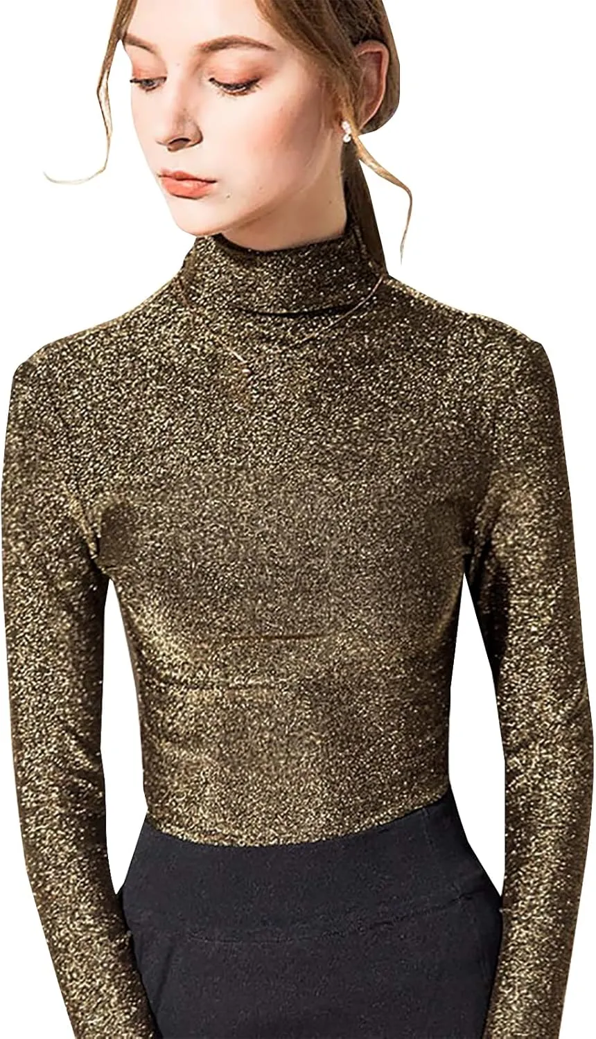 LONGBIDA Women's Slim fit Long Sleeve Turtleneck Glitter Tee Blouse Tops