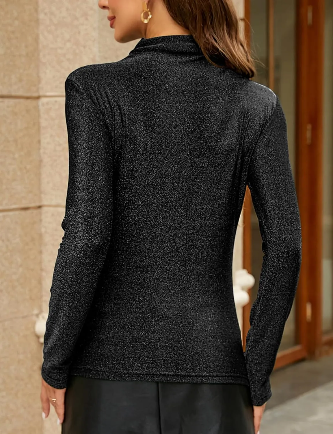 LONGBIDA Women's Slim fit Long Sleeve Turtleneck Glitter Tee Blouse Tops