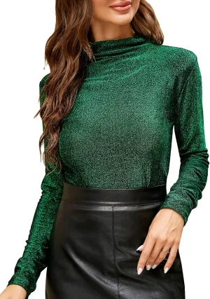LONGBIDA Women's Slim fit Long Sleeve Turtleneck Glitter Tee Blouse Tops