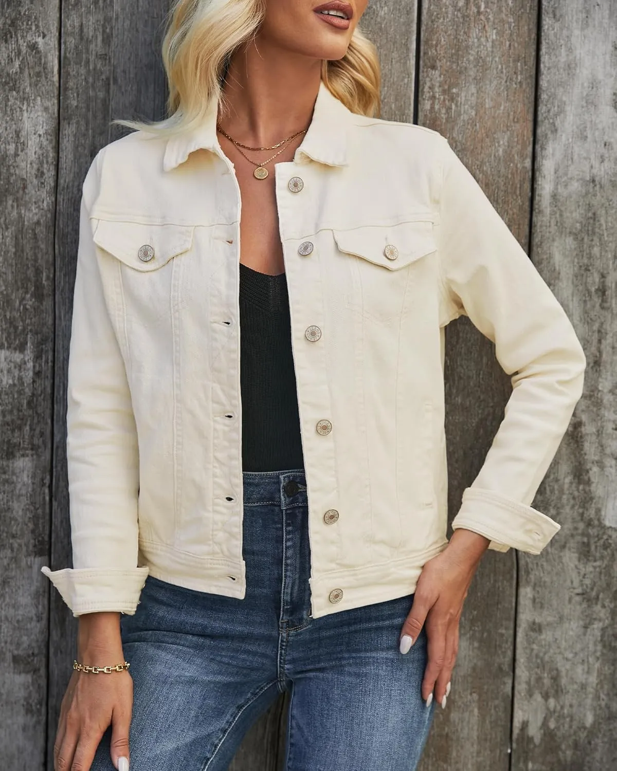 LookbookStore Women's Basic Long Sleeves Button Down Fitted Denim Jean Jackets