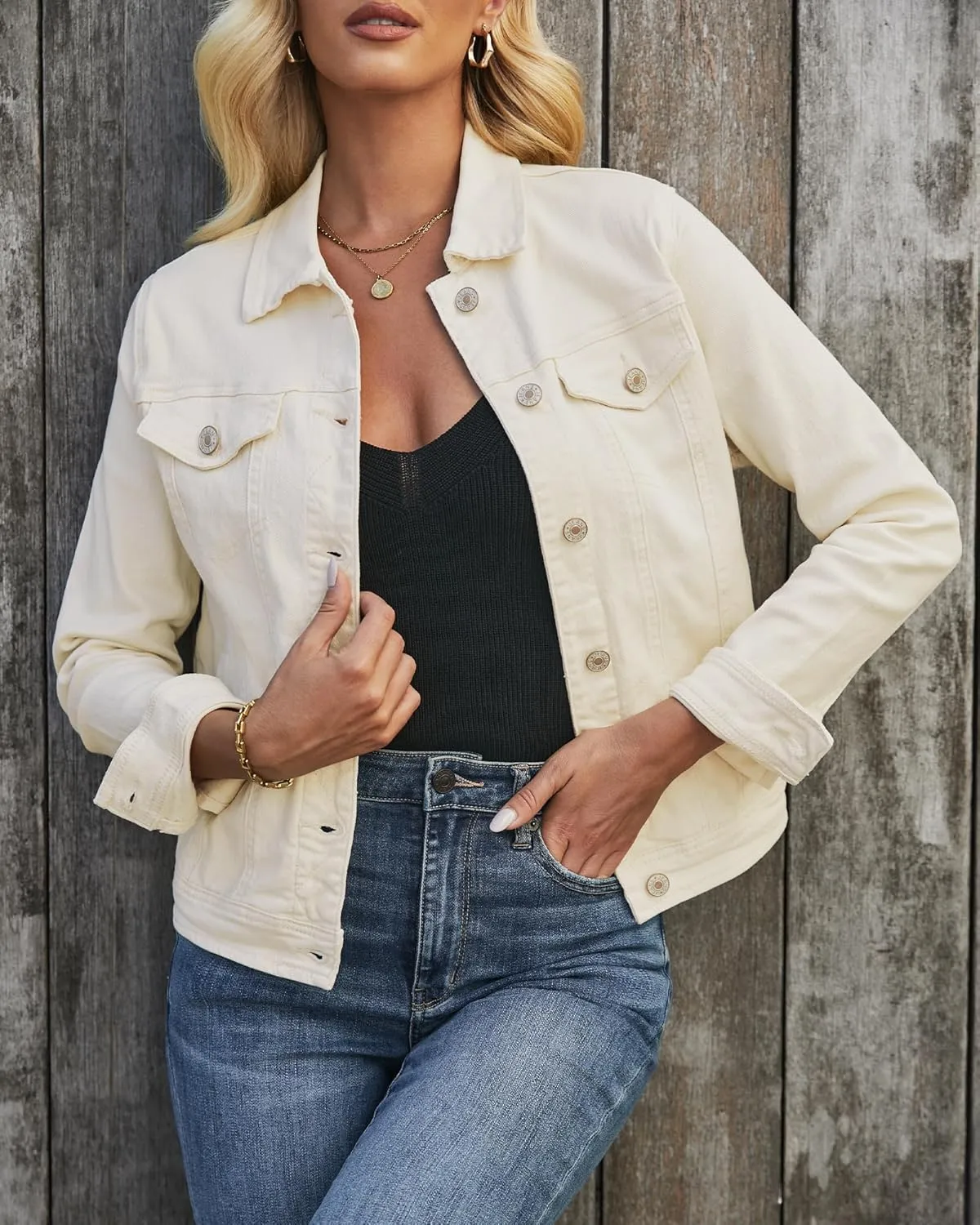 LookbookStore Women's Basic Long Sleeves Button Down Fitted Denim Jean Jackets
