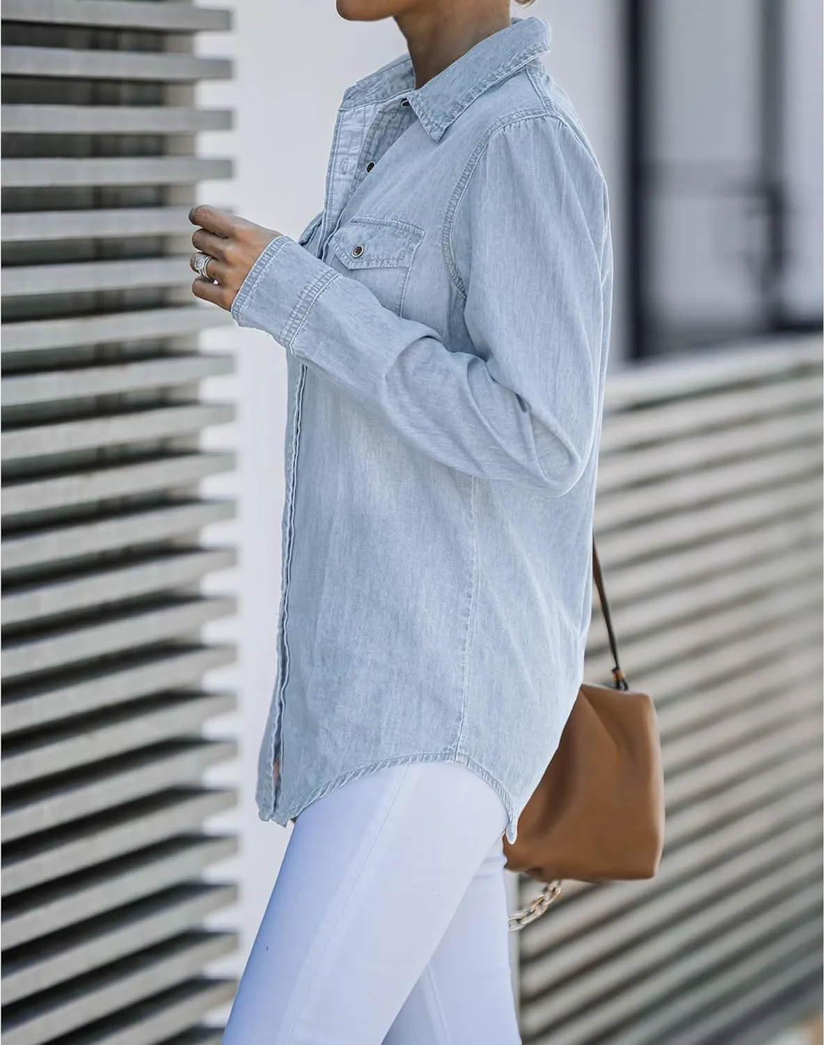 LookbookStore Women's Long Sleeve Collared Shirt Button Down Denim Blouse Tops