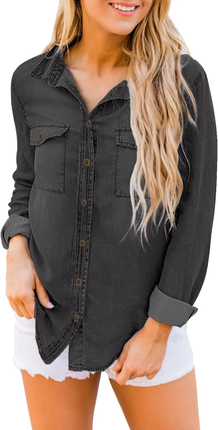 LookbookStore Women's Long Sleeve Collared Shirt Button Down Denim Blouse Tops