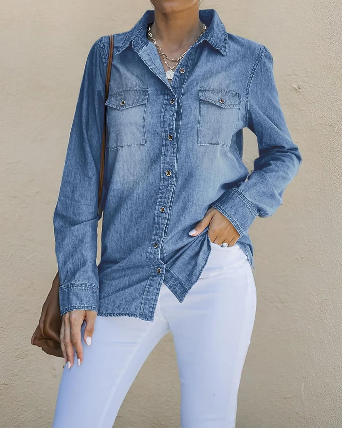 LookbookStore Women's Long Sleeve Collared Shirt Button Down Denim Blouse Tops
