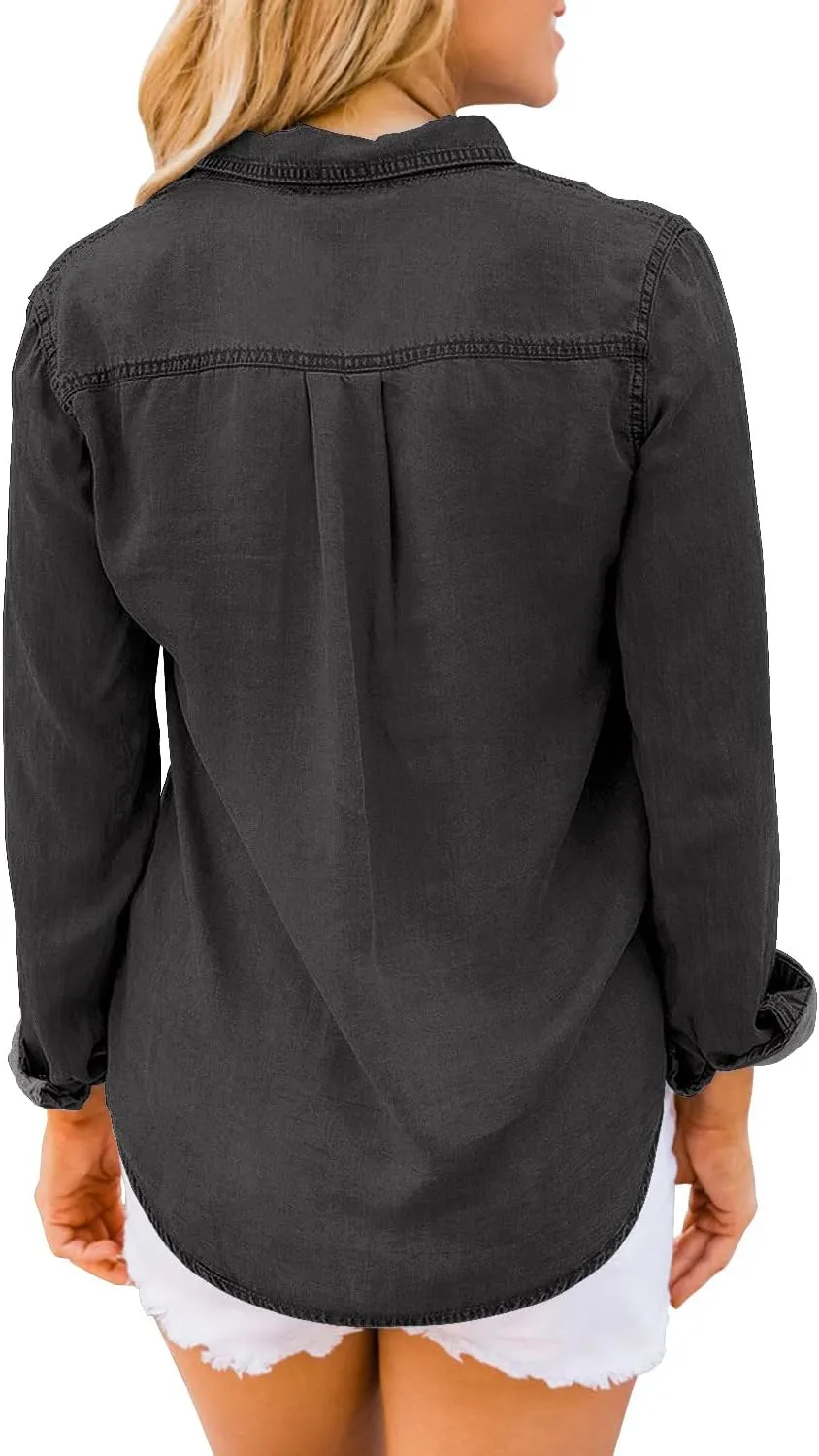 LookbookStore Women's Long Sleeve Collared Shirt Button Down Denim Blouse Tops