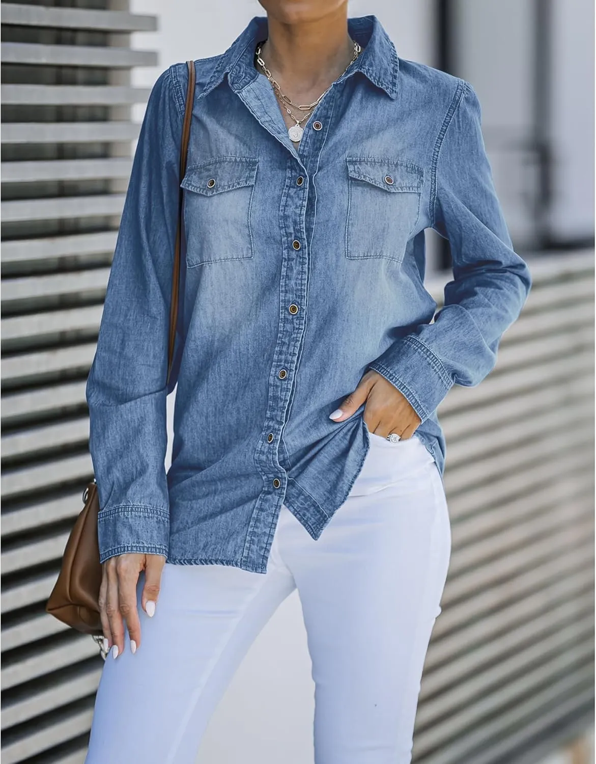 LookbookStore Women's Long Sleeve Collared Shirt Button Down Denim Blouse Tops