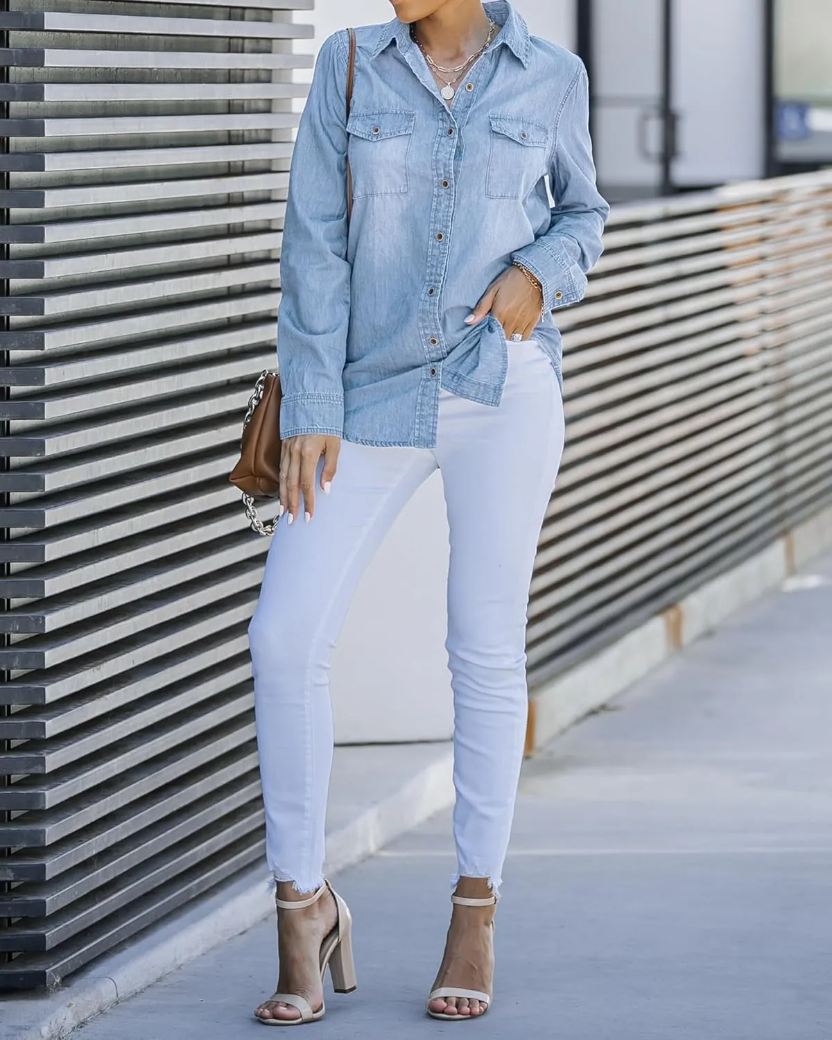 LookbookStore Women's Long Sleeve Collared Shirt Button Down Denim Blouse Tops