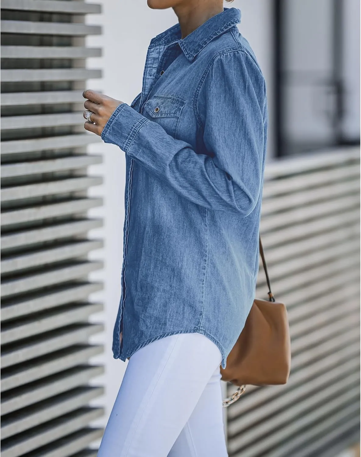 LookbookStore Women's Long Sleeve Collared Shirt Button Down Denim Blouse Tops