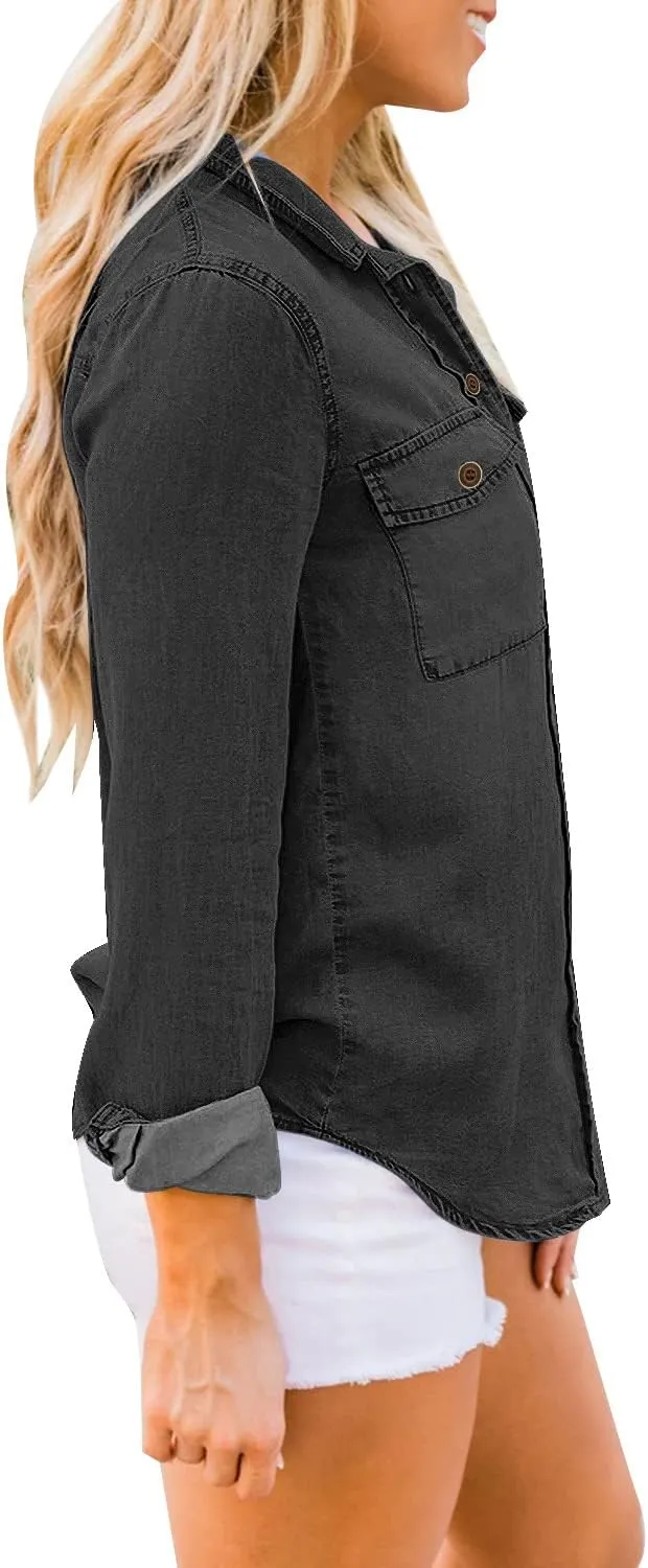 LookbookStore Women's Long Sleeve Collared Shirt Button Down Denim Blouse Tops