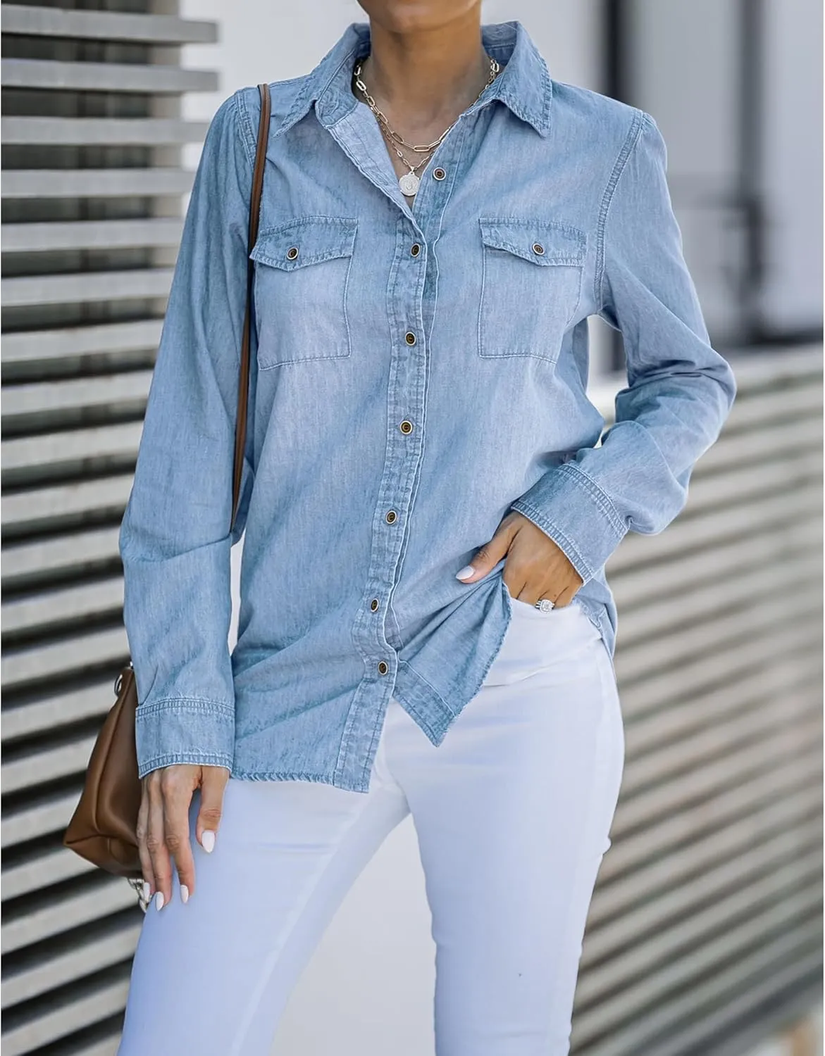 LookbookStore Women's Long Sleeve Collared Shirt Button Down Denim Blouse Tops