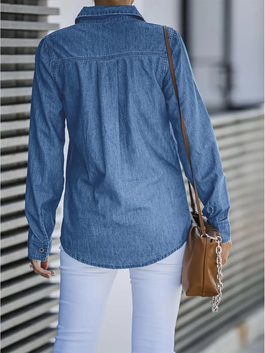 LookbookStore Women's Long Sleeve Collared Shirt Button Down Denim Blouse Tops