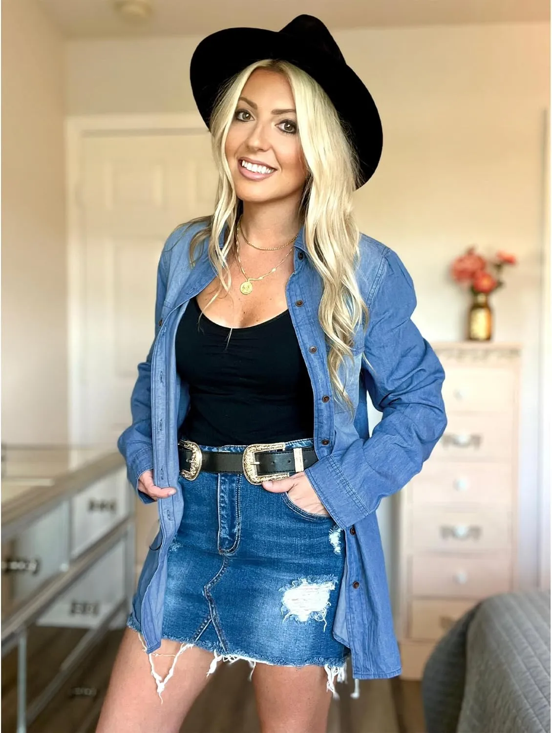 LookbookStore Women's Long Sleeve Collared Shirt Button Down Denim Blouse Tops