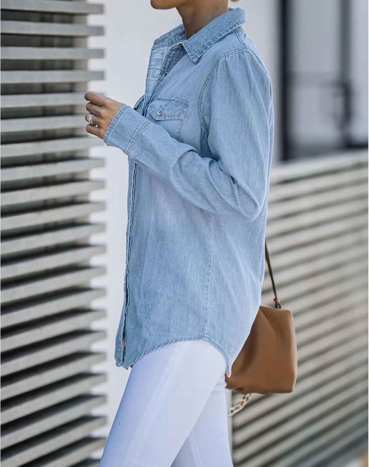 LookbookStore Women's Long Sleeve Collared Shirt Button Down Denim Blouse Tops
