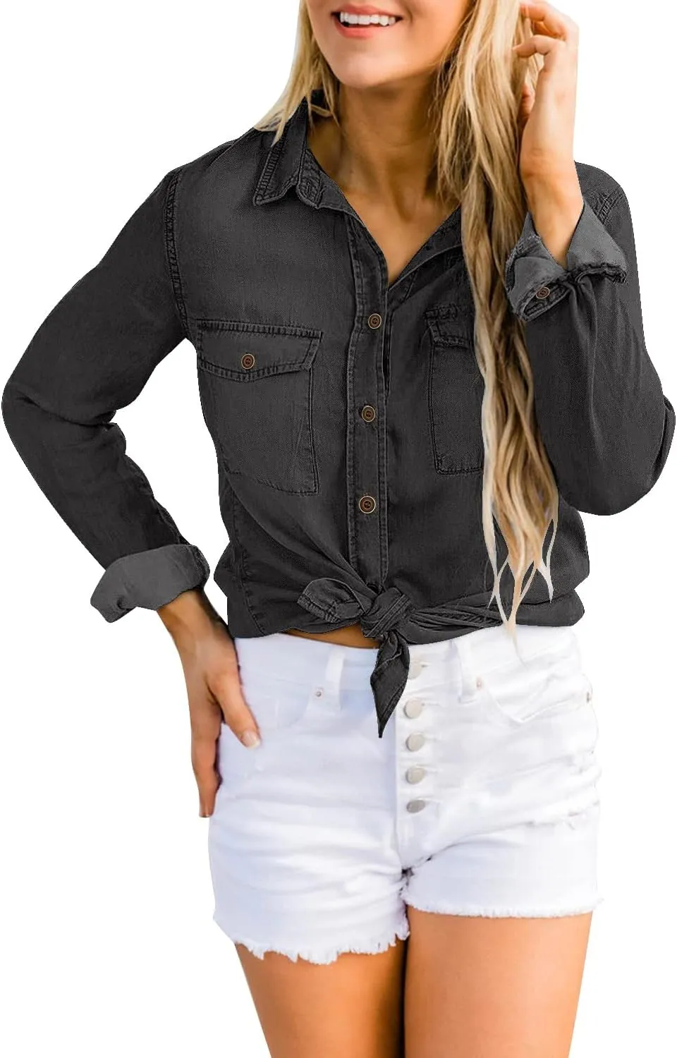 LookbookStore Women's Long Sleeve Collared Shirt Button Down Denim Blouse Tops