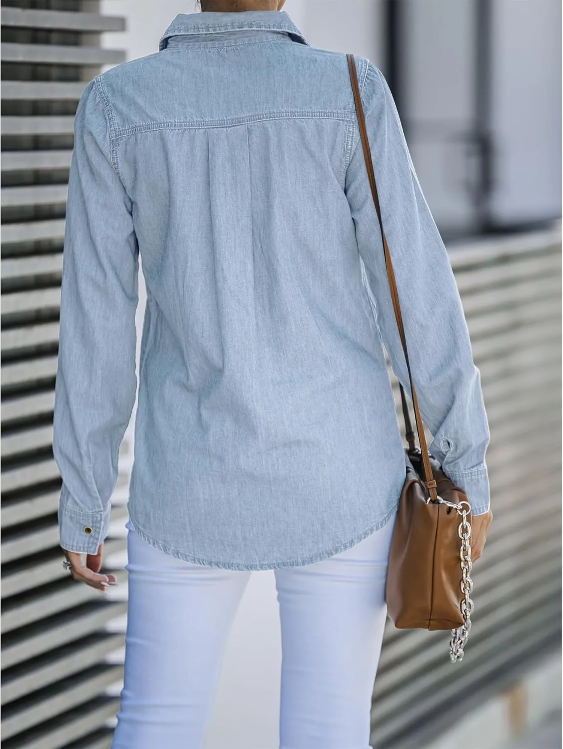 LookbookStore Women's Long Sleeve Collared Shirt Button Down Denim Blouse Tops