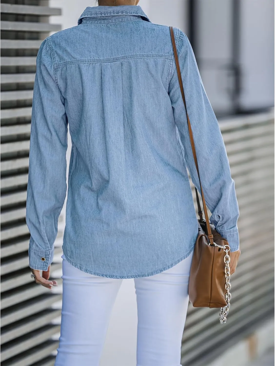 LookbookStore Women's Long Sleeve Collared Shirt Button Down Denim Blouse Tops
