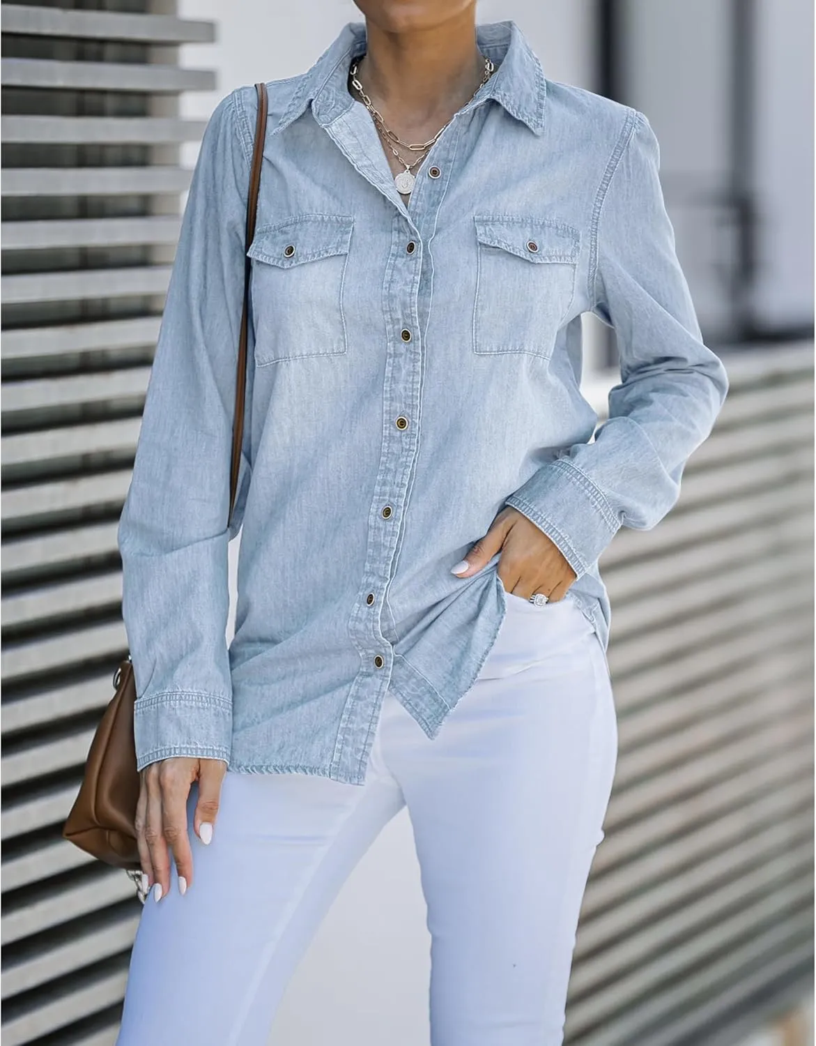 LookbookStore Women's Long Sleeve Collared Shirt Button Down Denim Blouse Tops