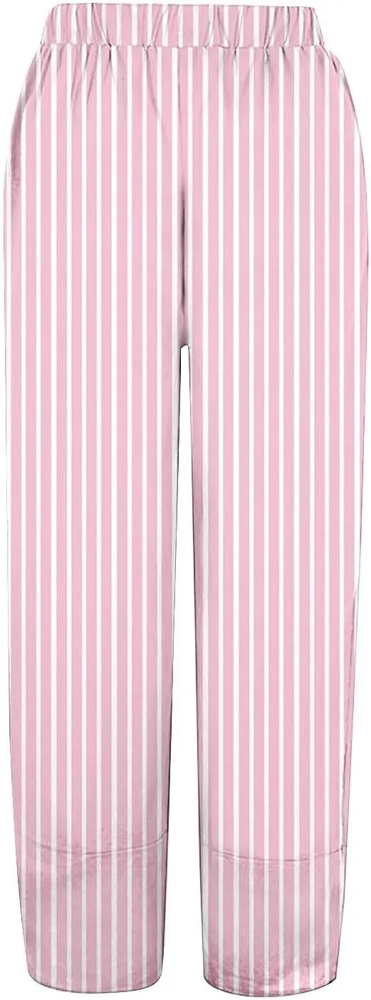 Loose Casual Capri Cotton Pants Women Casual Striped Linen Trousers High Waist Elastic Lounge Beach