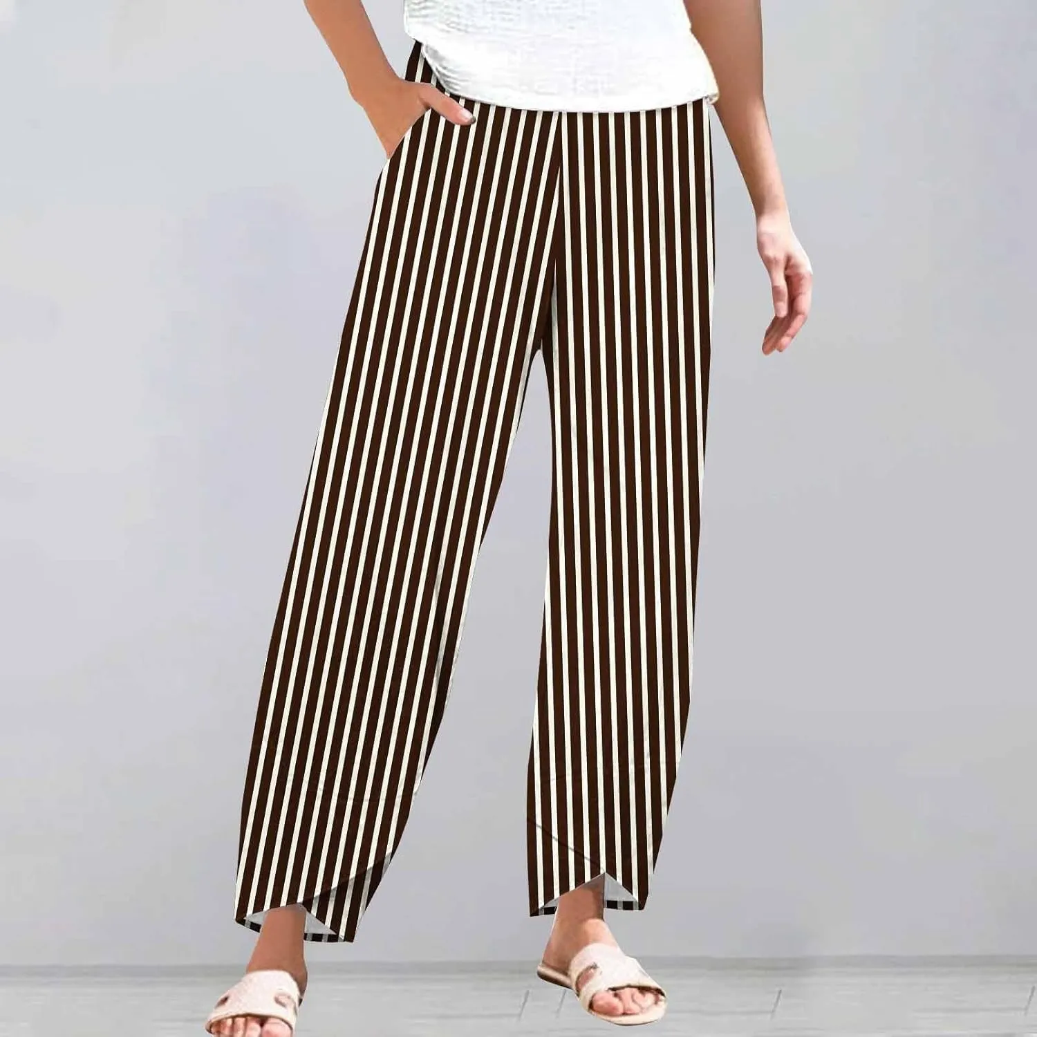 Loose Casual Capri Cotton Pants Women Casual Striped Linen Trousers High Waist Elastic Lounge Beach
