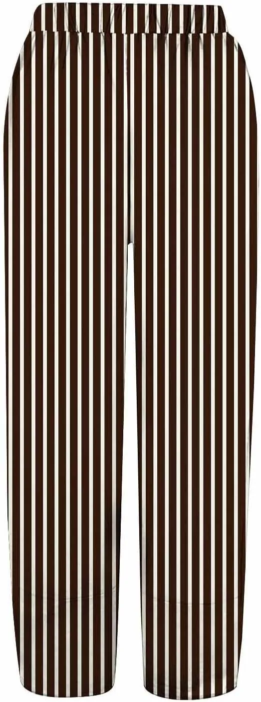 Loose Casual Capri Cotton Pants Women Casual Striped Linen Trousers High Waist Elastic Lounge Beach