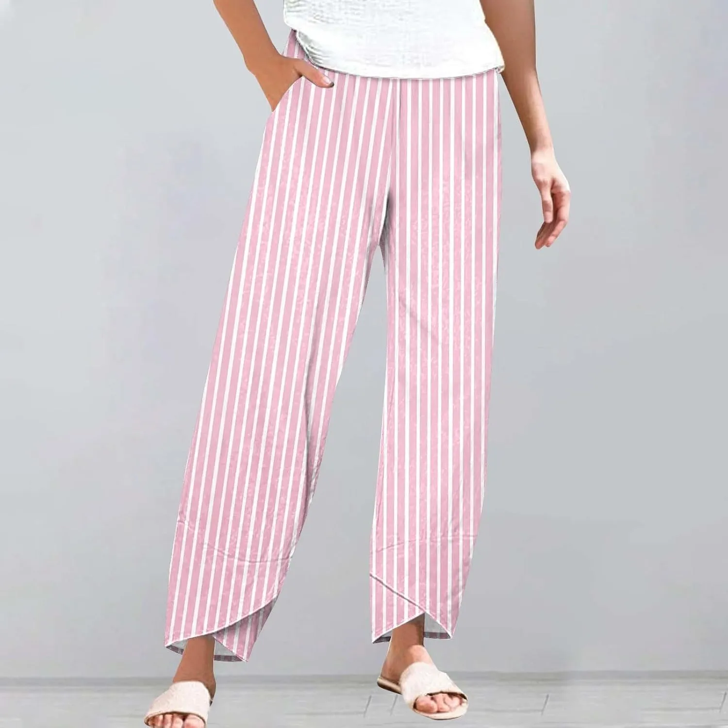 Loose Casual Capri Cotton Pants Women Casual Striped Linen Trousers High Waist Elastic Lounge Beach
