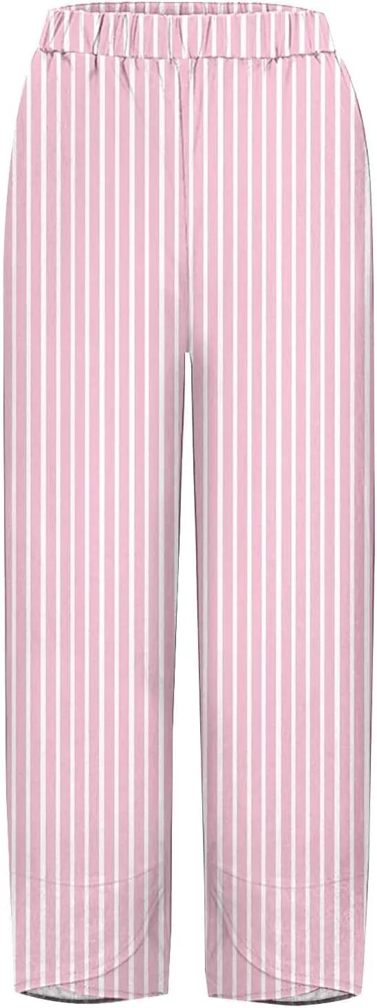 Loose Casual Capri Cotton Pants Women Casual Striped Linen Trousers High Waist Elastic Lounge Beach