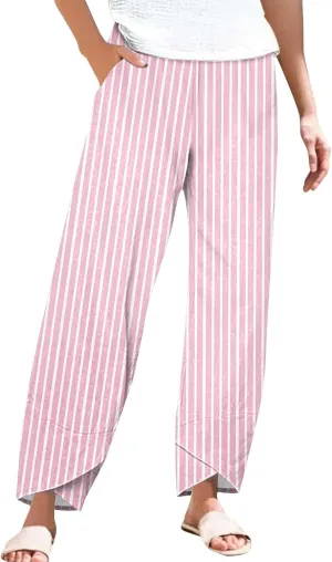 Loose Casual Capri Cotton Pants Women Casual Striped Linen Trousers High Waist Elastic Lounge Beach