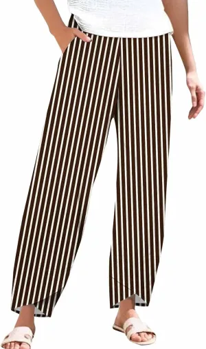 Loose Casual Capri Cotton Pants Women Casual Striped Linen Trousers High Waist Elastic Lounge Beach