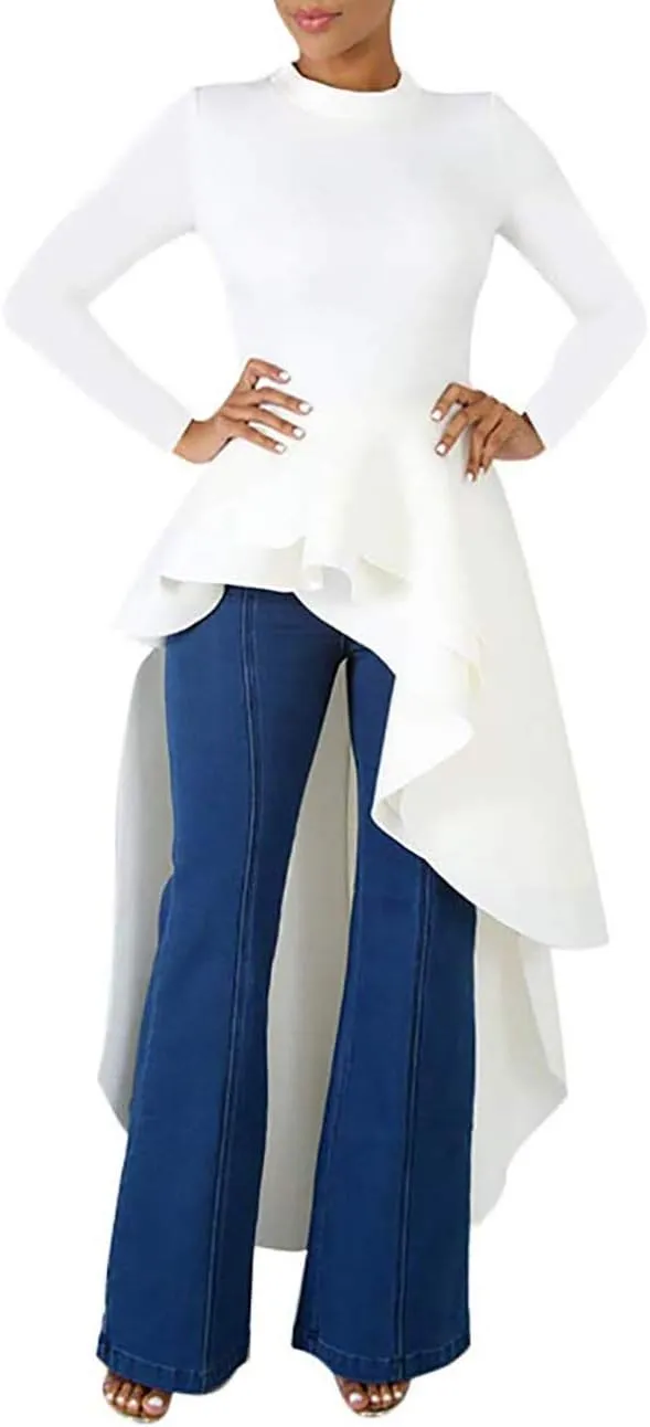 Lrady Womens Casual Shirt Dress High Low Ruffle Blouse Asymmetrical Peplum Tops Long Tunic Dresses