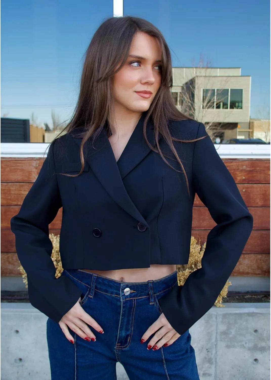 luvamia Cropped Blazers for Women Business Casual Open Front Long Sleeve Suit Jacket Trendy Oversized Work Office Blazer