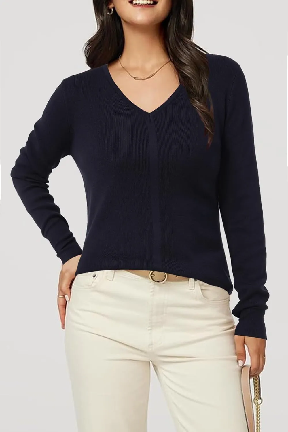 LYANER Women's 2024 Fall Sweaters V Neck Long Sleeve Slim Fit Pullover Knitted Tops